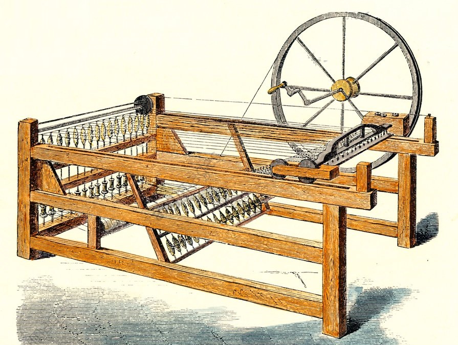 Первые механические машины. Прялка Дженни Джеймса Харгривса. 1765 - Механическая прялка Дженни Джеймса Харгривса.